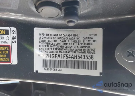 2010 Honda Civic Lx из США, поврежденный, VIN 2HGFA1F54AH543558